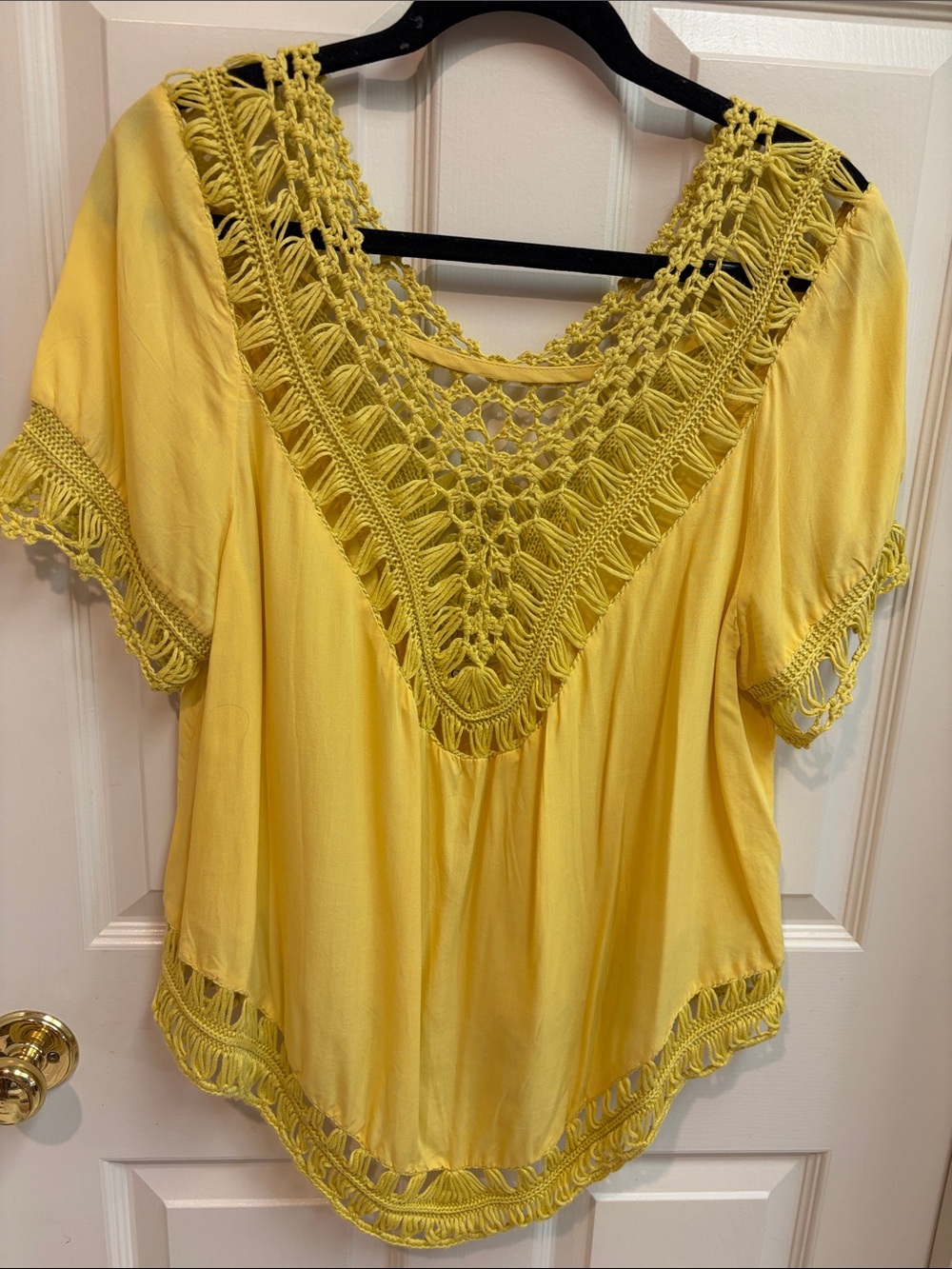 Yellow Crochet-Trim Women's Top - Lightweight Blouse XL